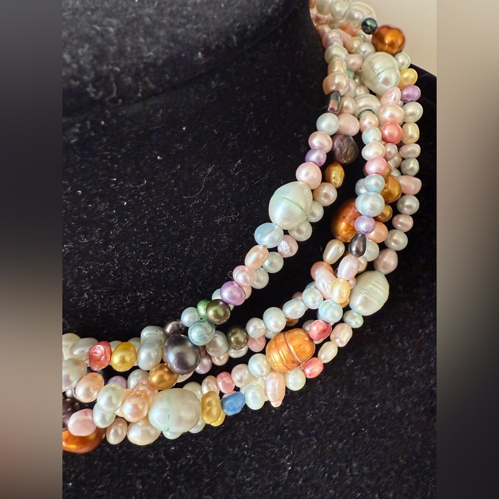 Sterling Silver 925 7-Strand Multi-Color Pearl Genuine Necklace Collar Choker - Picture 11 of 11